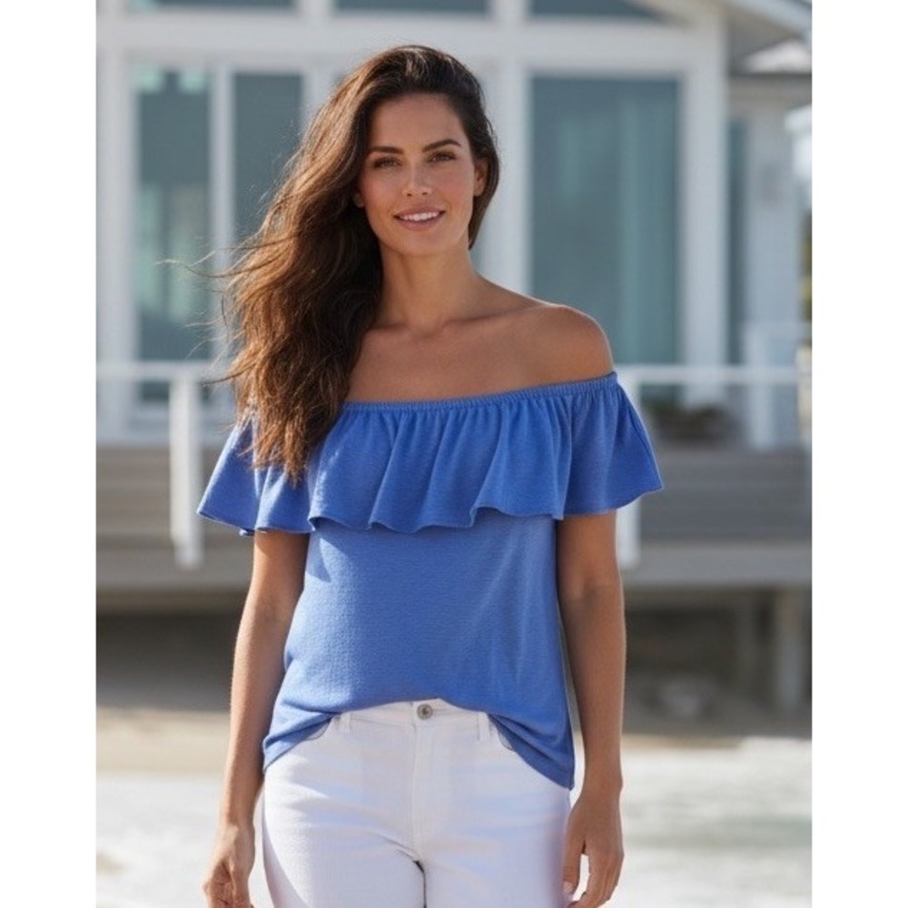New Lilly Pulitzer M Top Ruffle Blue Isle Size Vacation Size Medium Shirt Blouse